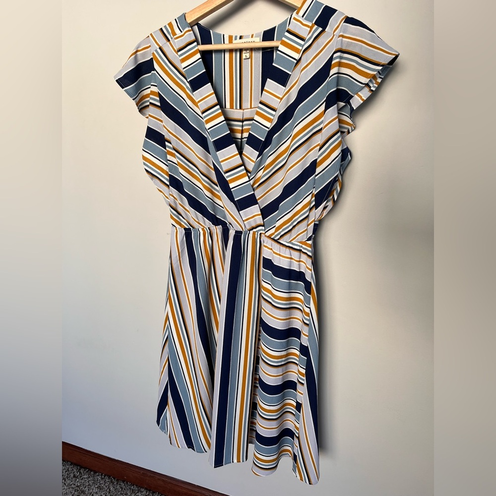Monteau Striped Midi Dress in Navy and Mustard‎